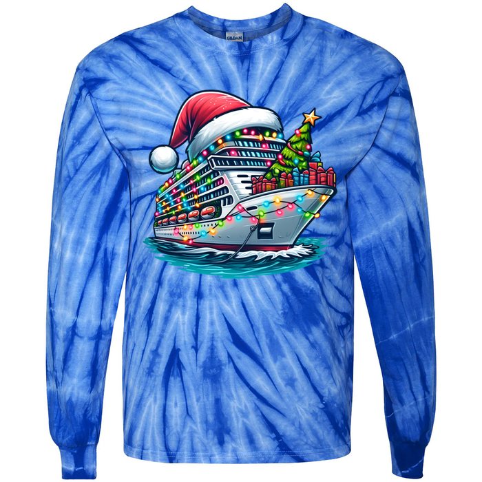 Funny Cruise Ship Santa Christmas Tree Lights Gift Tie-Dye Long Sleeve Shirt