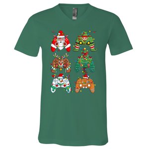 Funny Christmas Santa Elf Lights Gaming Controllers Xmas Gift V-Neck T-Shirt