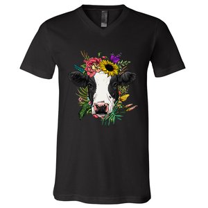 Floral Cow Spring Nature Lovers animal V-Neck T-Shirt