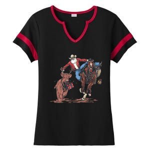 Funny Cowboy Santa Bulldogging Christmas Western Cowboy Xmas Ladies Halftime Notch Neck Tee