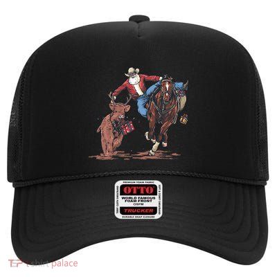 Funny Cowboy Santa Bulldogging Christmas Western Cowboy Xmas High Crown Mesh Back Trucker Hat