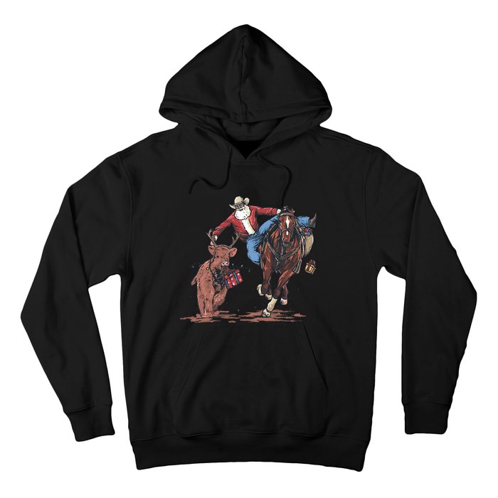 Funny Cowboy Santa Bulldogging Christmas Western Cowboy Xmas Hoodie