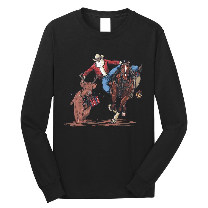 Funny Cowboy Santa Bulldogging Christmas Western Cowboy Xmas Long Sleeve Shirt