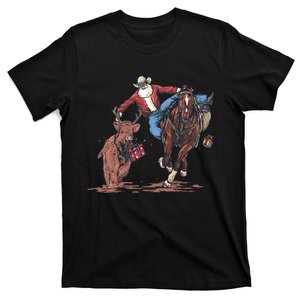 Funny Cowboy Santa Bulldogging Christmas Western Cowboy Xmas T-Shirt