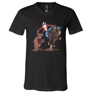 Funny Cowboy Santa Bulldogging Christmas Western Cowboy Xmas V-Neck T-Shirt