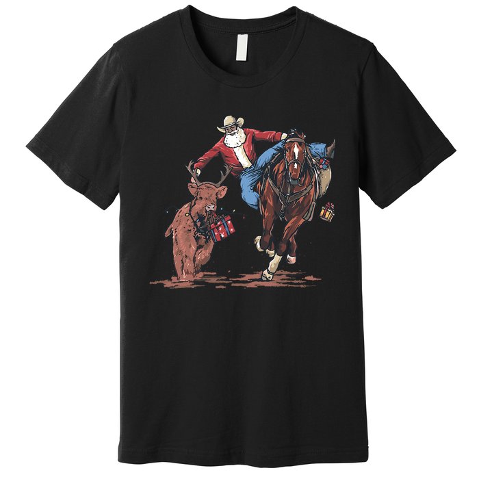 Funny Cowboy Santa Bulldogging Christmas Western Cowboy Xmas Premium T-Shirt