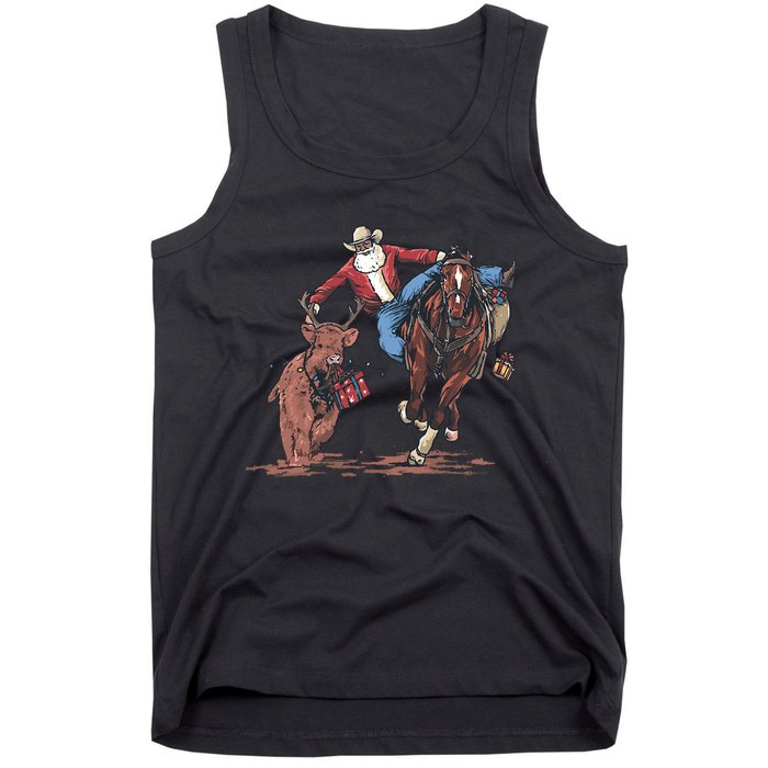 Funny Cowboy Santa Bulldogging Christmas Western Cowboy Xmas Tank Top