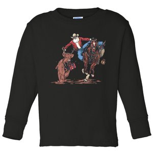 Funny Cowboy Santa Bulldogging Christmas Western Cowboy Xmas Toddler Long Sleeve Shirt