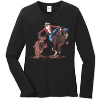 Funny Cowboy Santa Bulldogging Christmas Western Cowboy Xmas Ladies Long Sleeve Shirt