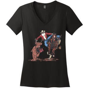 Funny Cowboy Santa Bulldogging Christmas Western Cowboy Xmas Women's V-Neck T-Shirt