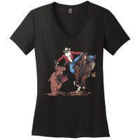 Funny Cowboy Santa Bulldogging Christmas Western Cowboy Xmas Women's V-Neck T-Shirt