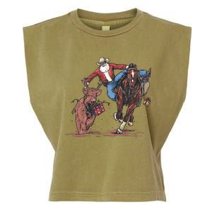 Funny Cowboy Santa Bulldogging Christmas Western Cowboy Xmas Garment-Dyed Women's Muscle Tee