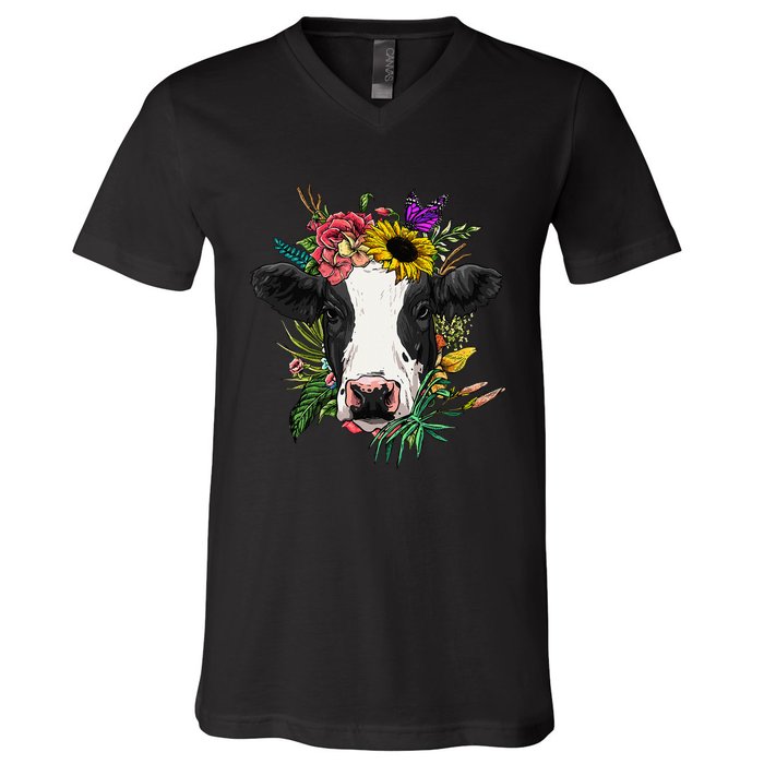 Floral Cow Spring Nature Lovers V-Neck T-Shirt