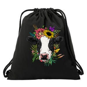 Floral Cow Spring Nature Lovers Drawstring Bag