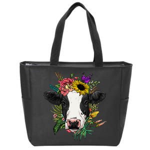 Floral Cow Spring Nature Lovers Zip Tote Bag