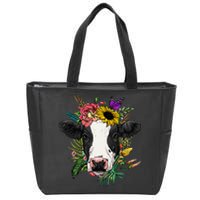 Floral Cow Spring Nature Lovers Zip Tote Bag