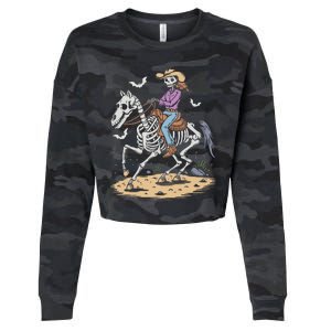 Funny Cowgirl Skeleton Riding Horse Spooky Halloween Western Cropped Pullover Crew