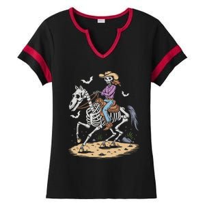 Funny Cowgirl Skeleton Riding Horse Spooky Halloween Western Ladies Halftime Notch Neck Tee