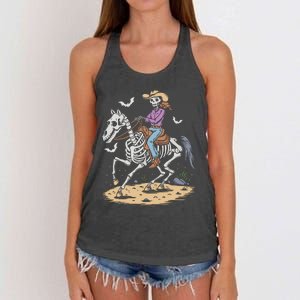 Funny Cowgirl Skeleton Riding Horse Spooky Halloween Western Women's Knotted Racerback Tank