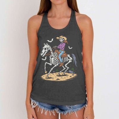 Funny Cowgirl Skeleton Riding Horse Spooky Halloween Western Women's Knotted Racerback Tank