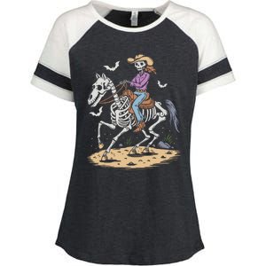 Funny Cowgirl Skeleton Riding Horse Spooky Halloween Western Enza Ladies Jersey Colorblock Tee