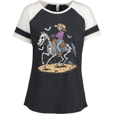 Funny Cowgirl Skeleton Riding Horse Spooky Halloween Western Enza Ladies Jersey Colorblock Tee