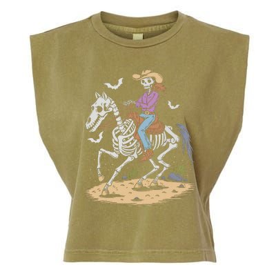 Funny Cowgirl Skeleton Riding Horse Spooky Halloween Western Garment-Dyed Women's Muscle Tee