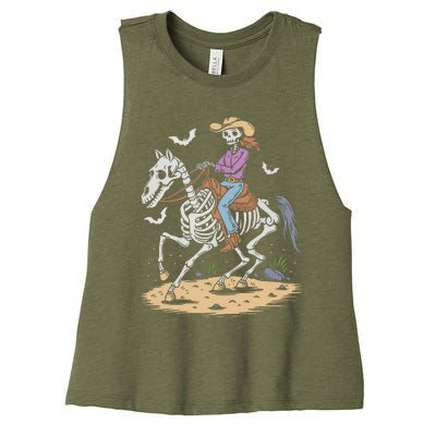 Funny Cowgirl Skeleton Riding Horse Spooky Halloween Western Women's Racerback Cropped Tank