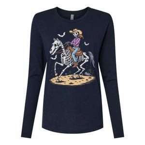 Funny Cowgirl Skeleton Riding Horse Spooky Halloween Western Womens Cotton Relaxed Long Sleeve T-Shirt