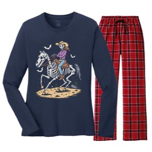 Funny Cowgirl Skeleton Riding Horse Spooky Halloween Western Women's Long Sleeve Flannel Pajama Set 