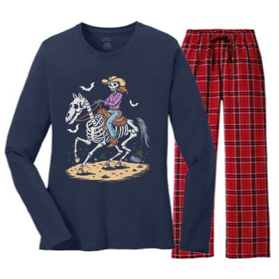 Funny Cowgirl Skeleton Riding Horse Spooky Halloween Western Women's Long Sleeve Flannel Pajama Set 