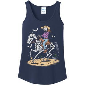 Funny Cowgirl Skeleton Riding Horse Spooky Halloween Western Ladies Essential Tank