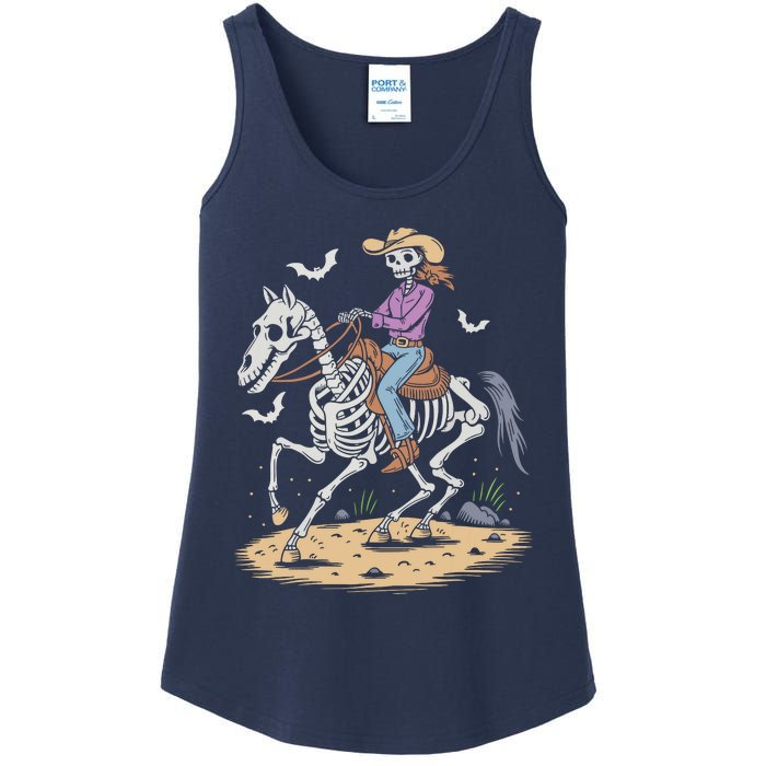 Funny Cowgirl Skeleton Riding Horse Spooky Halloween Western Ladies Essential Tank