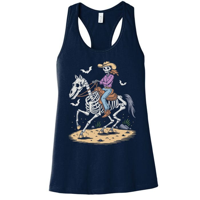 Funny Cowgirl Skeleton Riding Horse Spooky Halloween Western Women's Racerback Tank