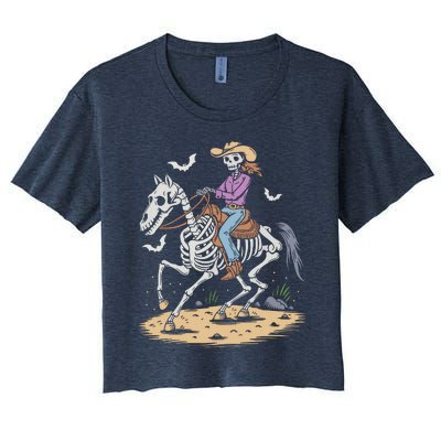 Funny Cowgirl Skeleton Riding Horse Spooky Halloween Western Women's Crop Top Tee