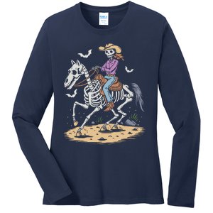 Funny Cowgirl Skeleton Riding Horse Spooky Halloween Western Ladies Long Sleeve Shirt