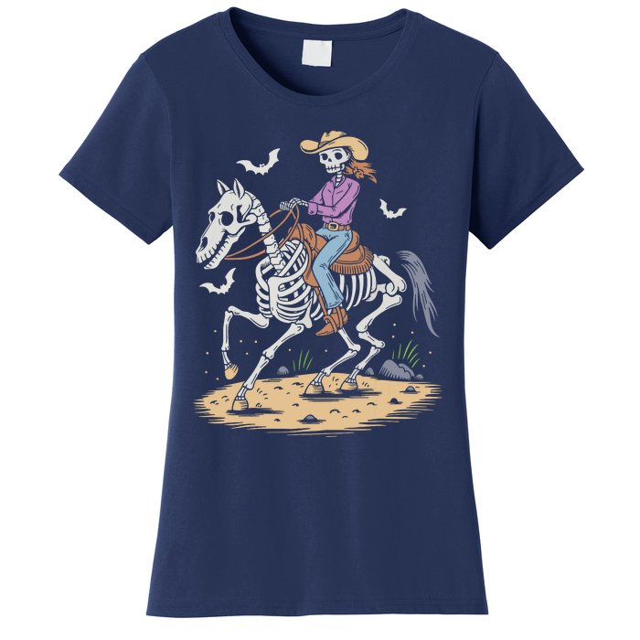 Funny Cowgirl Skeleton Riding Horse Spooky Halloween Western Women's T-Shirt