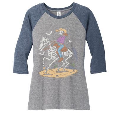 Funny Cowgirl Skeleton Riding Horse Spooky Halloween Western Women's Tri-Blend 3/4-Sleeve Raglan Shirt