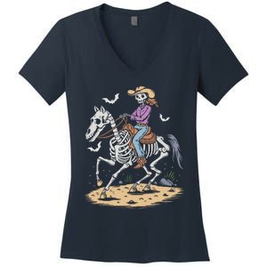 Funny Cowgirl Skeleton Riding Horse Spooky Halloween Western Women's V-Neck T-Shirt