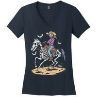 Funny Cowgirl Skeleton Riding Horse Spooky Halloween Western Women's V-Neck T-Shirt