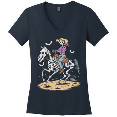 Funny Cowgirl Skeleton Riding Horse Spooky Halloween Western Women's V-Neck T-Shirt