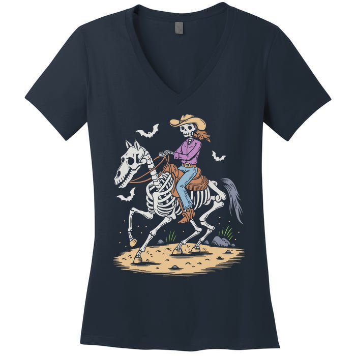 Funny Cowgirl Skeleton Riding Horse Spooky Halloween Western Women's V-Neck T-Shirt