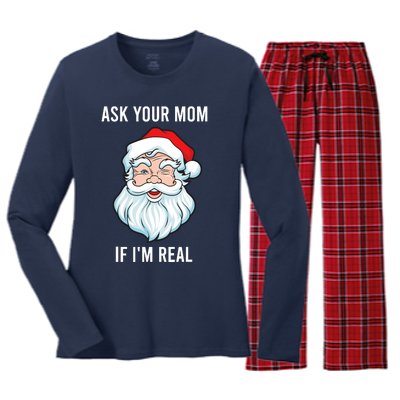 Funny Christmas Santa Ask Your Mom If IM Real Santa Women's Long Sleeve Flannel Pajama Set 