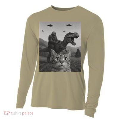 Funny Cat Shirts Cat Selfie Bigfoot Riding Cooling Performance Long Sleeve Crew