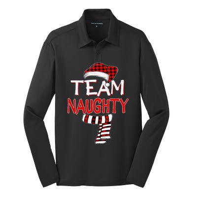 Funny Christmas Santa Claus Red Plaid Team Naughty Silk Touch Performance Long Sleeve Polo