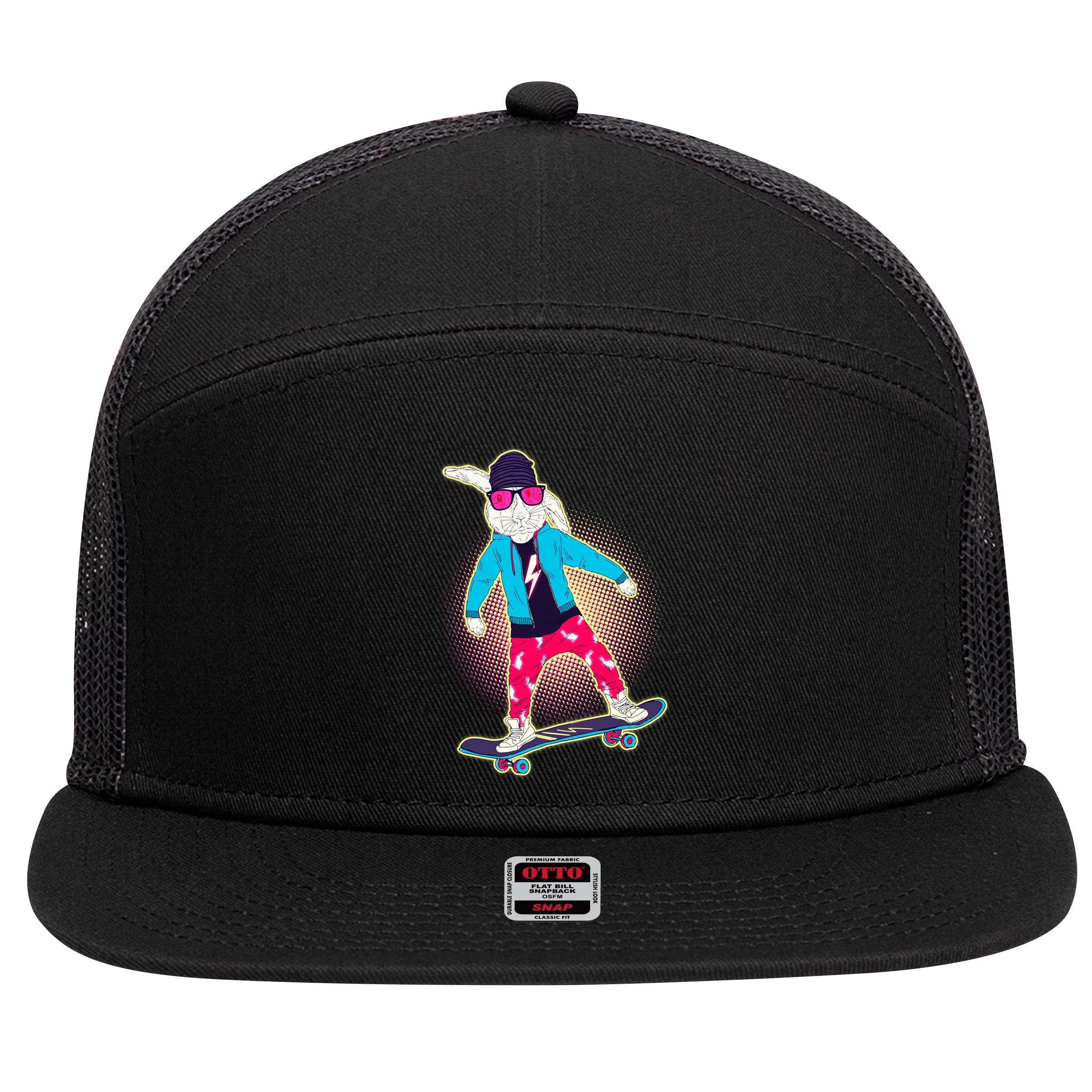 Funny Cool Skateboarding Easter Bunny Rabbit 7 Panel Mesh Trucker Snapback Hat