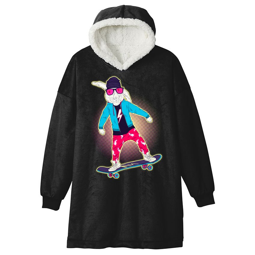 Funny Cool Skateboarding Easter Bunny Rabbit Hooded Wearable Blanket