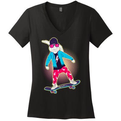 Funny Cool Skateboarding Easter Bunny Rabbit Women's V-Neck T-Shirt