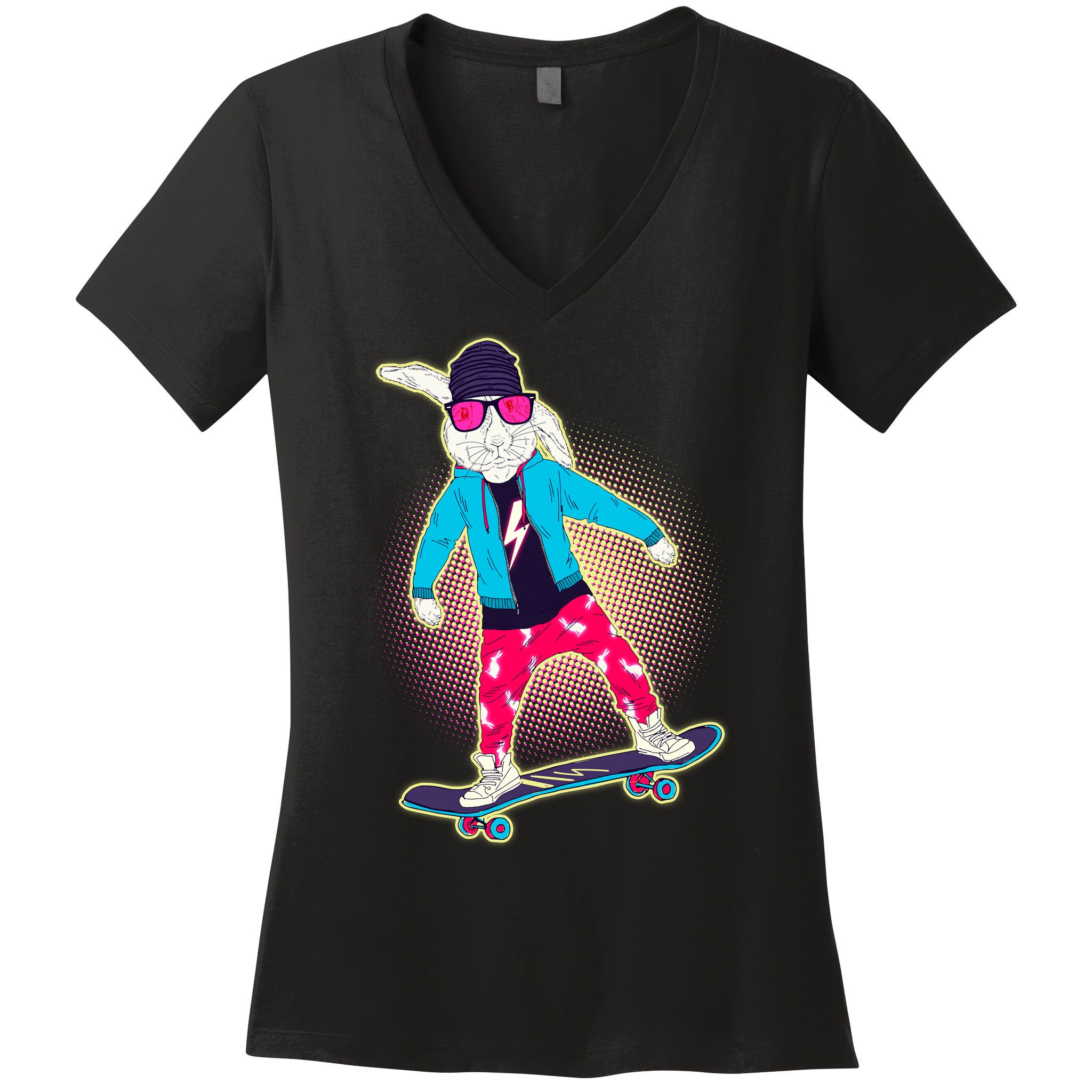 Funny Cool Skateboarding Easter Bunny Rabbit Women's V-Neck T-Shirt