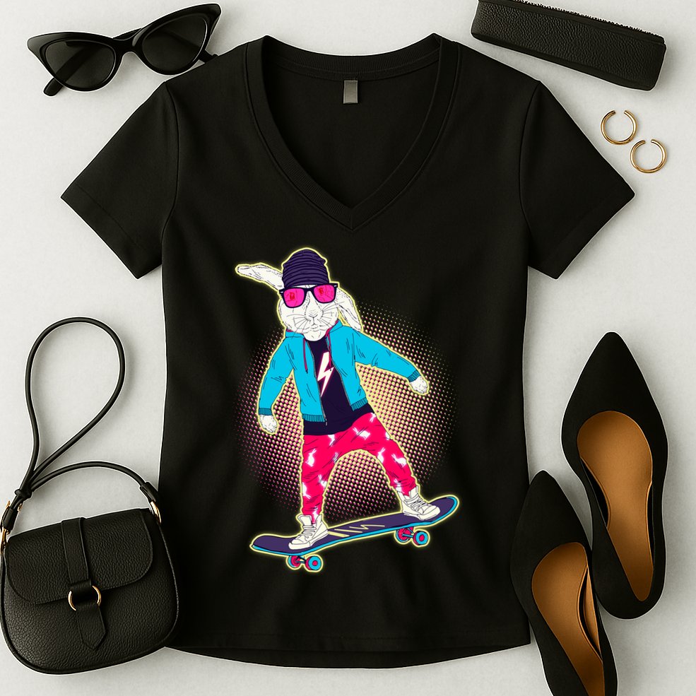 Funny Cool Skateboarding Easter Bunny Rabbit Women's V-Neck T-Shirt
